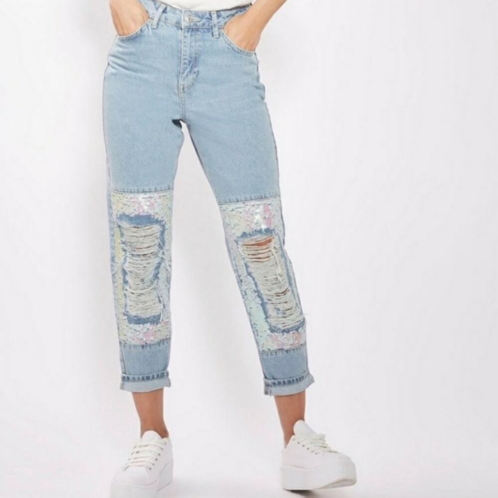 Topshop Sequin Jeans Moto Mom Straight Leg Cropped Denim Ankle Length 26